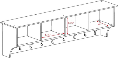 Prepac 60" Contemporary Wall Mounted Coat Rack, Coat Hooks Wall Mount with 4 Shelves, Ideal for Hallway or Entryway Storage Solution, 11.5"D x 60"W x 16.5"H, White