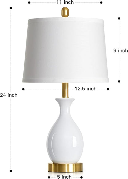 24" White Ceramic Table Lamps Set of 2 for Bedroom, Modern Classic Bedside Lamps for Nightstand, Small Table Lamp for Living Room Side Table (2 LED Bulbs Included)