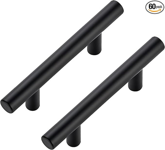 JOY DECOR 60 Pack Cabinet Handles, Black Cabinet Pulls, 3 in Hole Center Kitchen Hardware, Stainless Steel T Bar Handles for Dresser Drawers