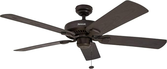 Honeywell Ceiling Fans Belmar 52 Inch Ceiling Fan Without Light, Outdoor Ceiling Fan with Pull Chain, Tri-Mount Traditional 5 Blade Design, ETL Wet Rated, Bronze (50199-01)