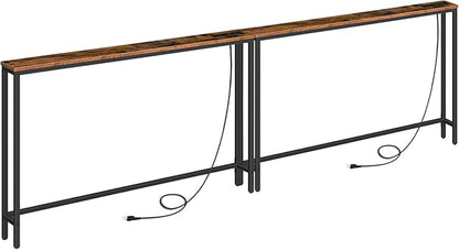 HOOBRO 2 Pack 5.9" Narrow Console Sofa Table with Power Outlets, 47.2" Long Behind Couch Table with Charging Station, Skinny Sofa Table for Living Room, Foyer, Rustic Brown BF15XGP201G1