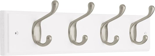 Liberty 129849 18-Inch Coat and Hat Hook Rail/Rack with 4 Heavy Duty Hooks, White and Satin Nickel