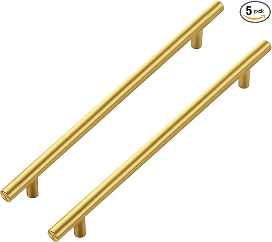JOY DECOR 5 Pack Cabinet Handles, Gold Cabinet Pulls, 8-3/4 in Hole Center Kitchen Cabinet Handles, Stainless Steel T Bar Handles for Dresser Drawers