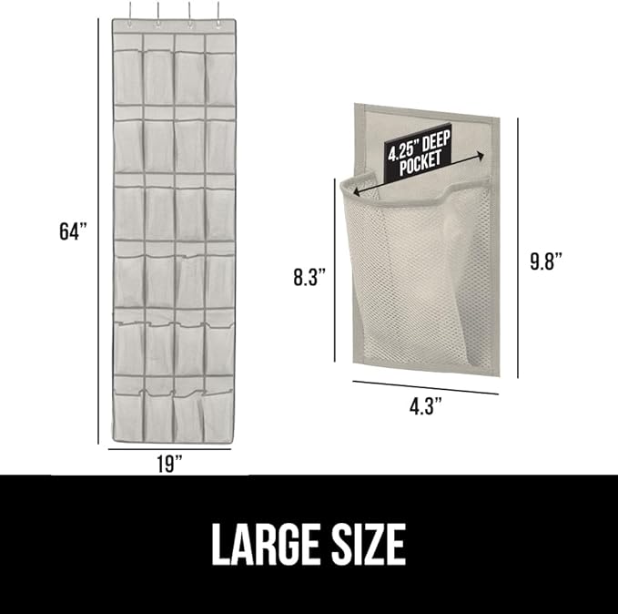 GORILLA GRIP Over the Door Shoe Organizer, 24 Large Breathable Mesh Pockets, Space Saving Hanging Storage Holder, Closet Rack Hanger Holds Up to 40 lbs, Hangs on Closets for Shoes, Accessories, Linen