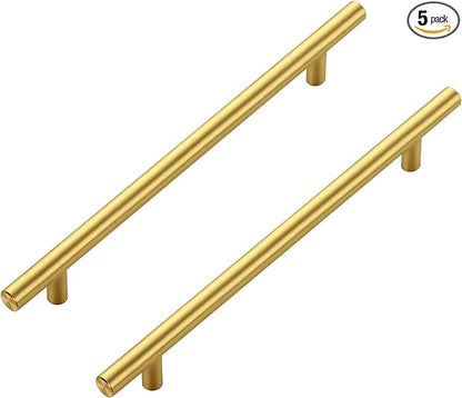 JOY DECOR 5 Pack Cabinet Handles, Gold Cabinet Pulls, 7-1/2 in Hole Center Kitchen Cabinet Handles, Stainless Steel T Bar Handles for Dresser Drawers