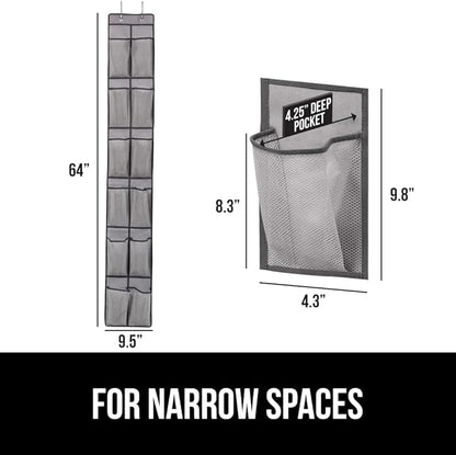 GORILLA GRIP Over the Door Shoe Organizer, 12 Large Breathable Mesh Pockets, Space Saving Hanging Storage Holder, 2 Hook Closet Rack Hanger, Hangs on Closets for Shoes, Accessories, 64H x 9.5W Gray