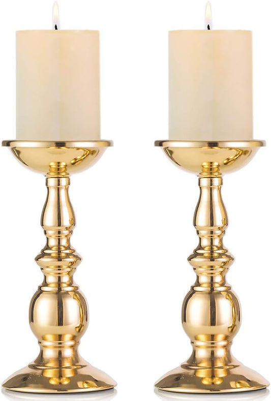 2 Pcs Gold Pillar Candle Holders, Gold Candlestick Most Ideal for 3" Pillar Candles, Gifts for Wedding, Party, Home, Spa, Reiki, Votive Candle (2 x L)