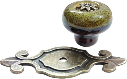 5 Pack Retro Ceramic Knobs,Vintage Dresser Kitchen Petal Cabinet Pulls Rustic Zinc Alloy Base Back Plate Kid Cupboard Wardrobe Drawer Door Handles (Leopard Print Green)