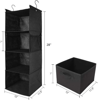 MAX Houser 4-Shelf Hanging Closet Organizer, Space Saver, Cloth Hanging Shelves with 2 Side Pockets, Foldable (Black)