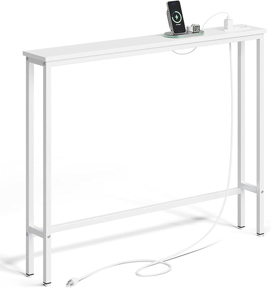 ELYKEN 5.9" Narrow Console Sofa Table with Power Outlets, 5.9" Dx39.4 Wx31.1 H Long Couch Table with Metal Frame and Charge Station with 6.5’ Extension Cord, White