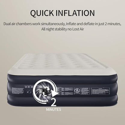 Air Mattress Queen with Built in Pump - 2 Mins Quick Self Inflatable,16"/650lbs Max Blow Up Bed, All Night Stability No Lost Air，No Peculiar Smell for Camping,Home,Guests & Portable Travel