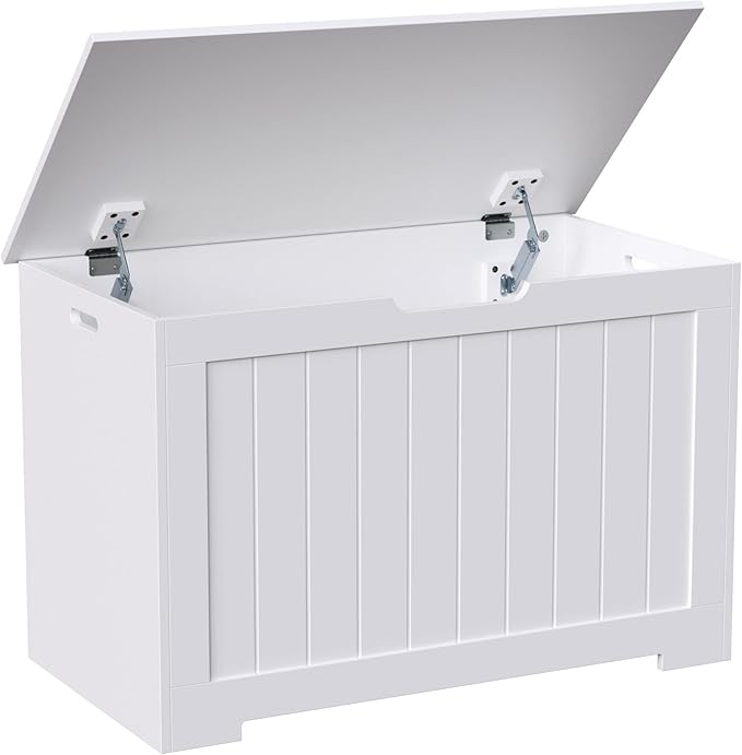 Toy Box Storage Chest for Girls Boys, Wooden Trunk Bench w/Flip-top Lid & Safety Hinge, Kids Play Room Nursery Organizer, Bedroom Storage w/ 100L Storage Area (White)