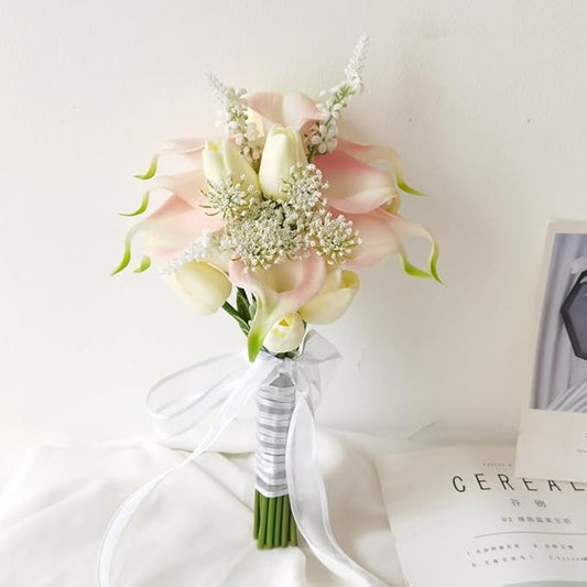 Tulips Calla Lily Artificial Flowers | Real Touch |Bridal Bouquet | Wedding Bouquet Home Décor Party (Pink 1 Bouquet)