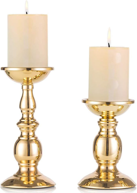 2 Pcs Gold Pillar Candle Holders, Gold Candlestick Most Ideal for 3" Pillar Candles, Gifts for Wedding, Party, Home, Spa, Reiki, Votive Candle (S + L)