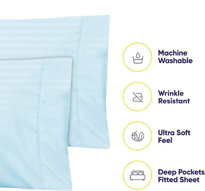 Dobby Stripe Queen Sheets - 6 Piece 1500 Supreme Collection Fine Brushed Microfiber Deep Pocket Queen Sheet Set Bedding - 2 Extra Pillow Cases, Great Value, Queen, Dobby Light Blue
