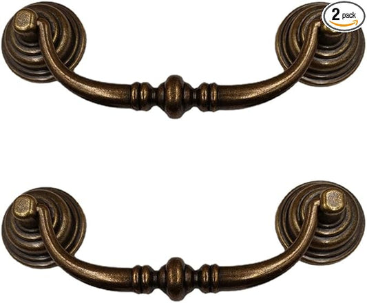 2PCS Retro Dresser Drawer Drop Bail Pulls Handles Classic Metal Swing Handles Hole Centers for Kitchen Bedroom Decoration (Brass)