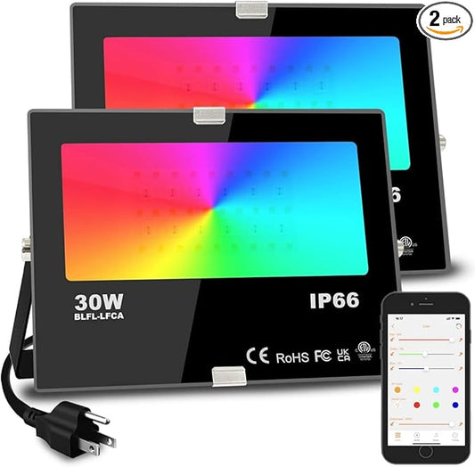 Led Flood Light 30W, 300W Equivalent 3000 LM Outdoor Color Changing Led Stage Landscape Lights, Bluetooth RGBW Smart Floodlights 2700K & 16 Million Colors&Timing& Music Sync, IP66，US 3-Plug (2 Pack)