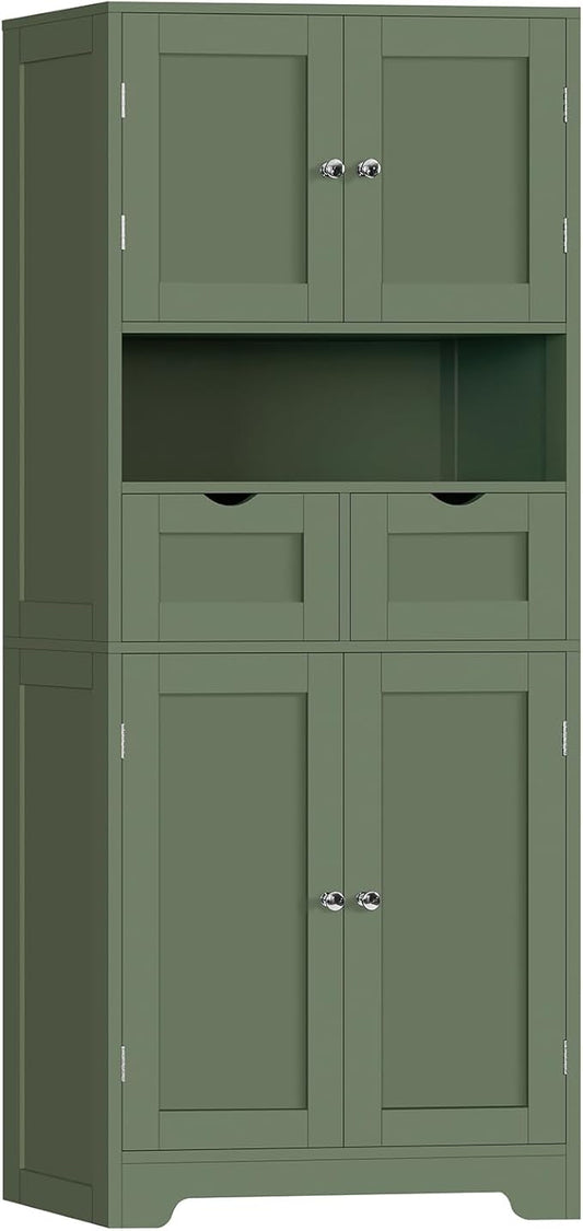Iwell 58" H Tall Bathroom Storage Cabinet with 2 Drawers & 2 Adjustable Shelves, Bathroom Cabinet with 4 Doors, Tall Cabinet for Living Room, Dining Room, Entryway, Forest Green
