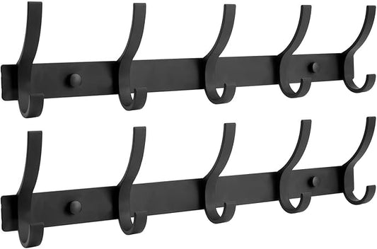 Coat Rack Wall Mount, Coat Hook Wall Mount, Wall Hooks for Hanging, Hat Rack for Walls, Coats Hanger with 10 Hook, Towel Hooks for Bathrooms (2 Pack, Black)