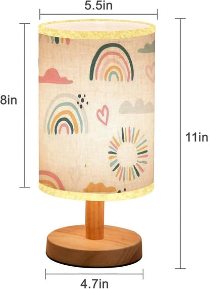 LOPYEIJFG Minimalist Bedside Table Lamp Seamless with Hand Drawn Rainbows and Sun Trendy Baby Texture for Wood Nightstand Lamp Bedside Desk Lamp Wood Base Flaxen Fabric Shade for Bedroom Living Room