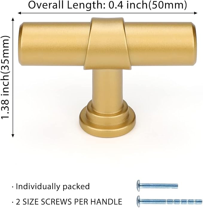 LONTAN 6 Pack Gold Cabinet Knobs Matte Gold Kitchen Cabinet Knobs for Dresser Drawers Brushed Gold T-bar Hardware for Dresser Bathroom
