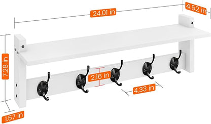 Homode Coat Rack with Wall Shelf and Hooks - 24 Inch Long, Wooden Hanging Coat Hanger with Hat Shelf for Entryway, Bathroom, Mudroom, White
