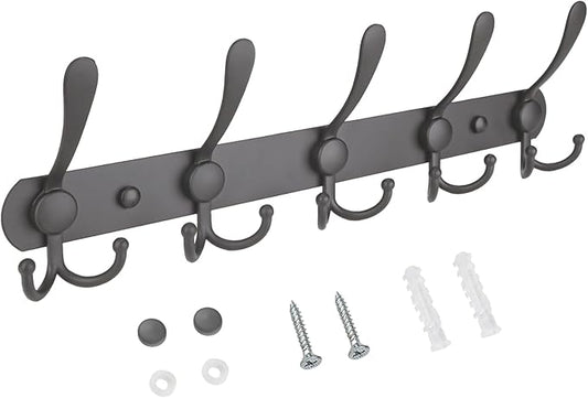 TICONN Wall Mounted Coat Rack, Five Heavy Duty Tri Hooks All Metal Construction for Jacket Coat Hat in Mudroom Entryway (Space Gray, 1-Pack)