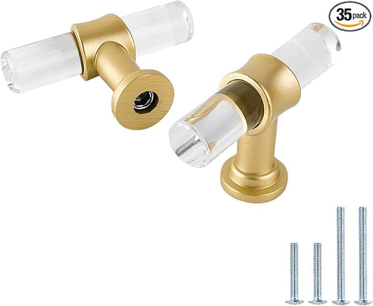 LONTAN 35 Pack Acrylic Kitchen Cabinet Knobs Gold Drawer Knobs Modern T Bar Clear Cabinet Door Handles White Kitchen Hardware for Dresser Bathroom,Zinc Alloy Base
