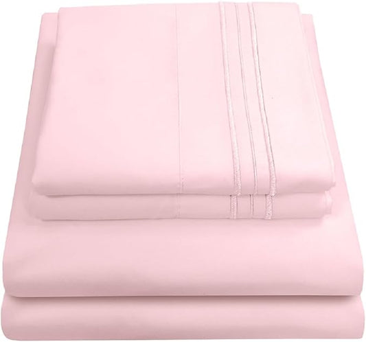 1800 Thread Count Sheet Set – Soft Egyptian Quality Brushed Microfiber Sheets – Luxury Bedding Set with Flat Sheet, Fitted Sheet, Pillow Cases, Queen, Pale Pink, Sheet Set