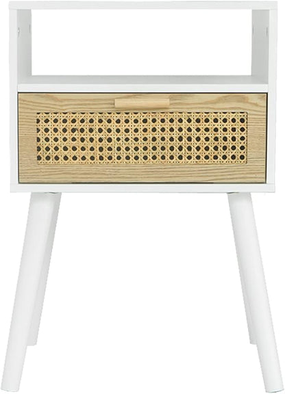 MaxSmeo White Nightstand with Drawer, Mid Century Modern Nightstand, Rattan Side Table, End Table with Storage for Living Room, Bedroom and Small Spaces, Easy Assembly (White)