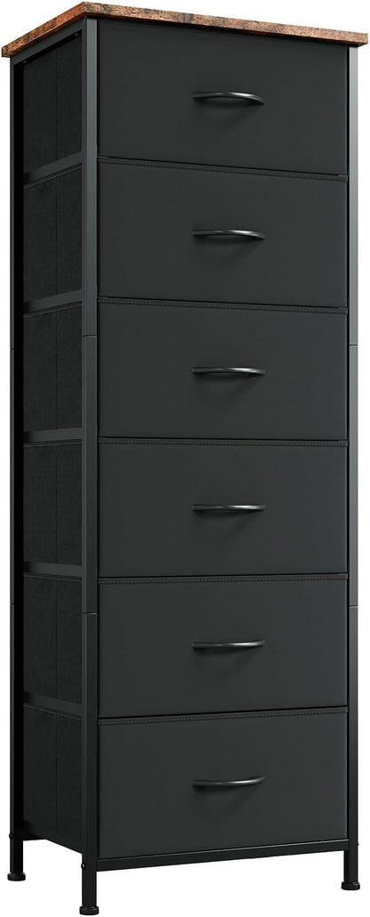 Somdot Tall Dresser for Bedroom with 6 Drawers, Storage Organizer Chest of Drawers with Removable Fabric Bins for Closet Bedside Living Room Laundry Entryway Hallway, Black Rustic Brown
