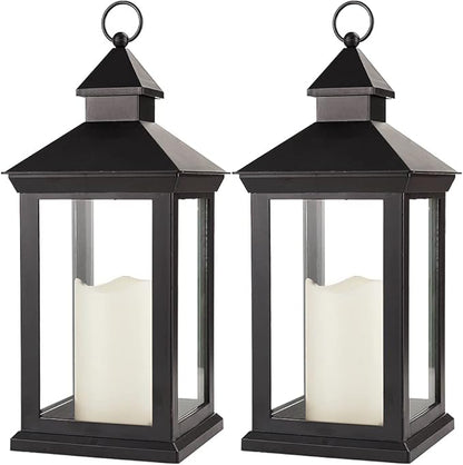 Bright Zeal 2-Pack 14" Decorative Candle Lantern Black Outdoor Lanterns with Timer Candles - IP44 Waterproof Vintage Lanterns Battery Powered LED Decorative for Wedding - Warm White Hanging Wall