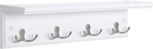 SONGMICS Entryway Hanging Coat Rack, Wall-Mounted Wooden Shelf, with 4 Double Hooks, Wall Floating Shelf, White ULHR42WT