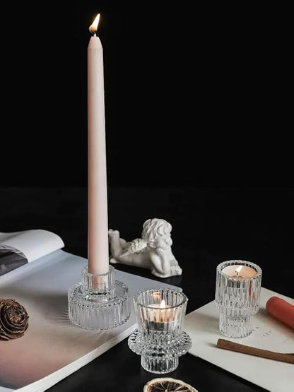 Vixdonos Glass Candlestick Holders Tealight Candle Holders for Table Centerpieces, Wedding Decor and Dinner Party (3 Pcs, Clear)