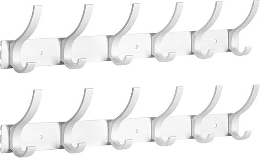 Coat Rack Wall Mount, Coat Hook Wall Mount, Wall Hooks for Hanging, Hat Rack for Walls, Coats Hanger with 12 Hook, Towel Hooks for Bathrooms (2 Pack, Silver)