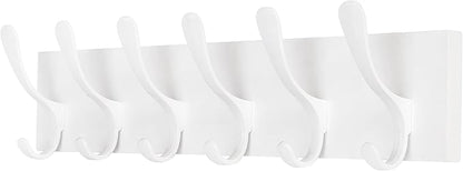 SKOLOO Coat Rack Wall Mount - Wooden White Wall Coat Hook, Wall Coat Hanger Rack with 6 Hooks for Hanging Coats, Hats, Clothing, Scarfs, White