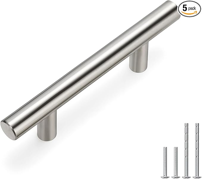homdiy 5 Pack | Brushed Nickel Cabinet Hardware 2-1/2in Hole Centers Drawer Pulls Kitchen Cupboard Euro T Bar Dresser Pulls 201SN