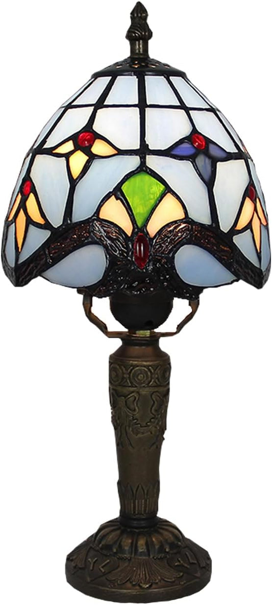 Tiffany Small Lamp Blue Baroque Stained Glass Table Lamp 3 Way Color-Temparetures Bedside Nightstand Table Lamps for Bedroom Living Room Home Office Desk Light W/LED Bulb 6X6X12.5Inch