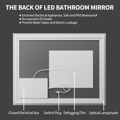 Koonmi 36x55 LED Bathroom Mirror, Backlit + Front Lit, LED Bathroom Mirror with Lights for Wall, 3 Colors, Anti-Fog, Dimmable Brightness, Memory Function, Tempered Glass