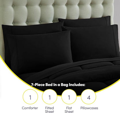 Full Size Comforter Set with Sheets - 7-Piece Bedding Collection - 1 Comforter, 1 Fitted Sheet, 1 Flat, 4 Pillowcases - Deep Pocket - Soft & Breathable Premium Quality - Ideal for All Seasons, Black