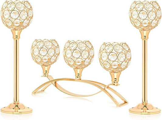 Crystal Tealight Candle Holder Centerpiece Home Decorative Candlestick Holder Elegant Table Centerpiece Home Decor Wedding Party Anniversary (Gold, Set of 3)