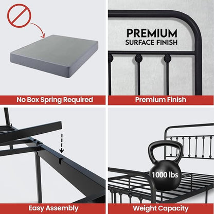 Golden Gate Beds Victorian Vintage Style King Size Metal Bed Frame with Wrought Iron Headboard and Footboard – Classic Platform Bed with 11" Storage Space, No Box Spring Required, Black Finish