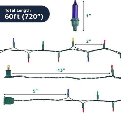 PREXTEX Multicolored Christmas Lights with Green Wire, 60 Feet, 300 Light, Twinkling Lights Indoor or Outdoor, String Twinkle Lighting for Christmas Tree Decorations