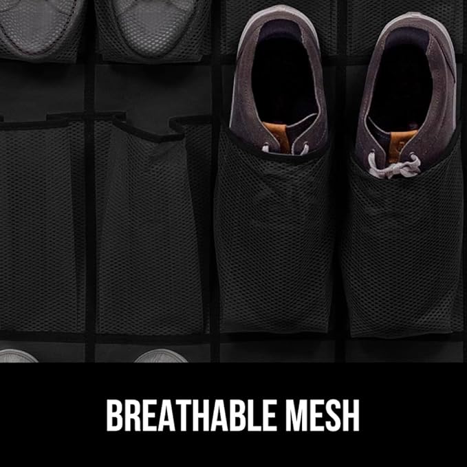 GORILLA GRIP Over the Door Shoe Organizer, 2 Pack, 24 Breathable Mesh Pockets, Space Saving Hanging Storage Holder, Closet Rack Hanger Holds Up to 40 lbs, Hangs on Closets, Shoes, Accessories, Black