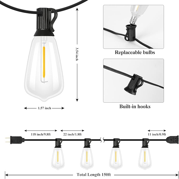 Brightever Outdoor String Lights 150FT, Patio Lights with 75+2 Dimmable ST38 Shatterproof LED Bulbs, Vintage Edison String Lights for Outside, Waterproof Bistro Lights for Halloween Backyard 2700K