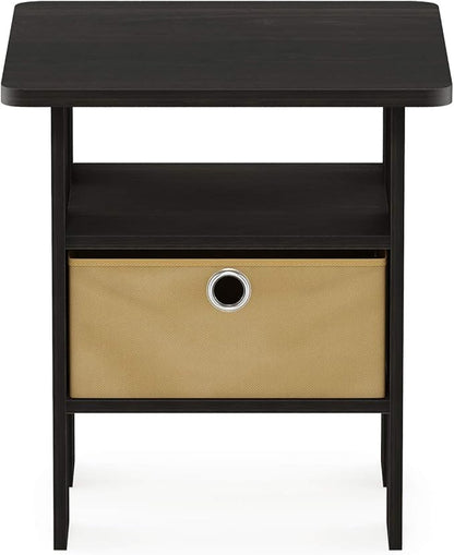 Furinno ANDREY Side Table, End Table, Night Stand with Open Shelves and Storage Bin, Bedside Table, for Living Room, Bedroom, Espresso