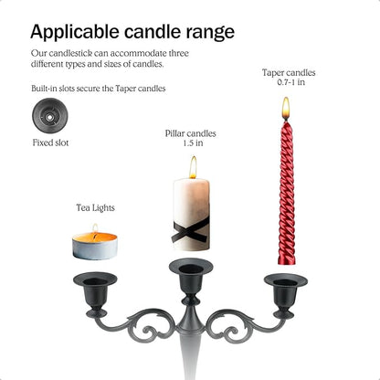 3 Metal Candelabra – Candlesticks Holder for Formal Events, Wedding, Church, Holiday Décor, Halloween – Taper Candle Holder Stand Centerpiece Elegant Decoration Piece for Table,Pure Black