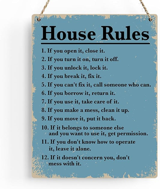 House Rules Wooden Hanging Sign, Farmhouse Living Room Home Decor Wall Art, Inspirational Family Quote, 8 x 10 Inches