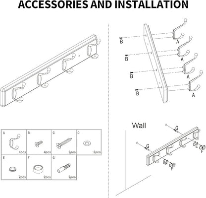 Wooden Coat Rack, Wall-Mounted Organizer for Closet, Entryway, Hallway, Foyer, Bedroom, Heavy Duty Double Hooks for Hanging Towels, Bags, Hats, Jackets, Key (Black, 4 Hooks)