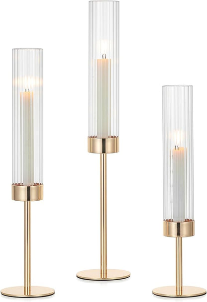 Hewory Gold Taper Candle Holders: Candlestick Holders Set of 3 Hurricane Glass Tall Candle Holder for Candlesticks Candle Sticks Holder Decor for Table Centerpiece Wedding Party Christmas Decorations